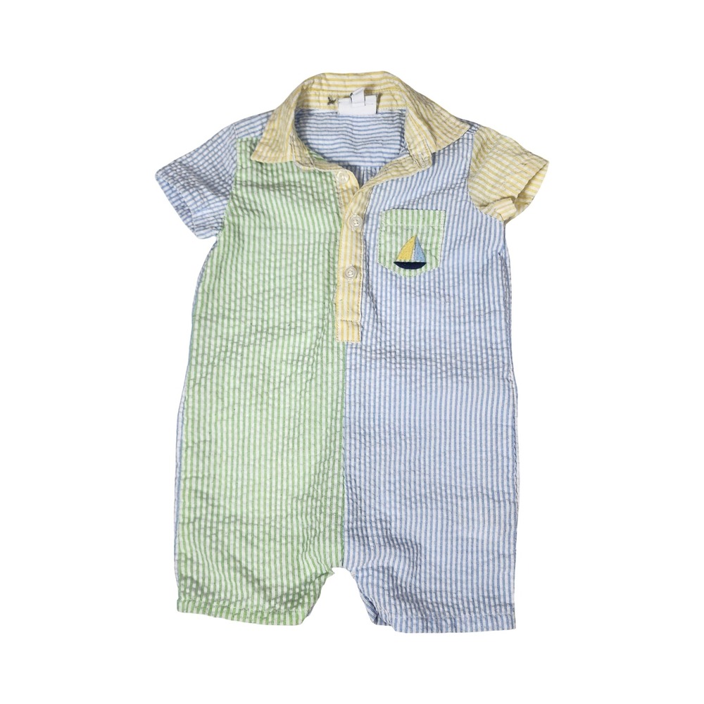 Crown & Ivy Baby Seersucker Colorblock Sailboat Romper Blue Green Yellow 6-9M